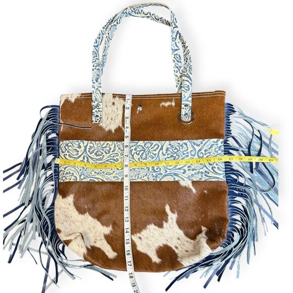 DANCING CACTUS DESIGNS Cowhide Leather Fringe Tote Bag Blue Tooled Western Boho - Picture 3 of 6